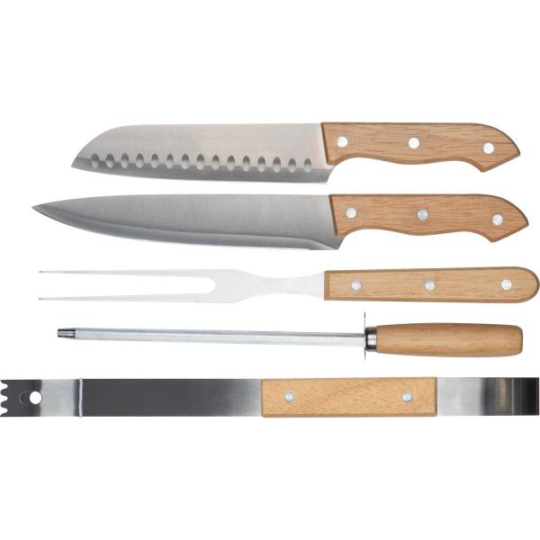 BBQ Set / mit Holzbrett, Messern, Grillzange, Fleischgabel, Messerschärfer