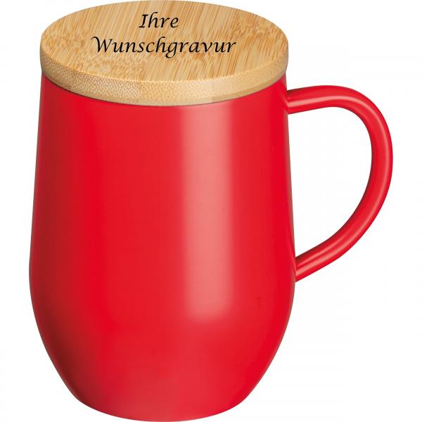 Doppelwandige Edelstahl-Tasse mit Bambusdeckel mit Gravur / 350ml / Farbe: rot
