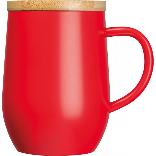 Doppelwandige Edelstahl-Tasse mit Bambusdeckel mit Gravur / 350ml / Farbe: rot