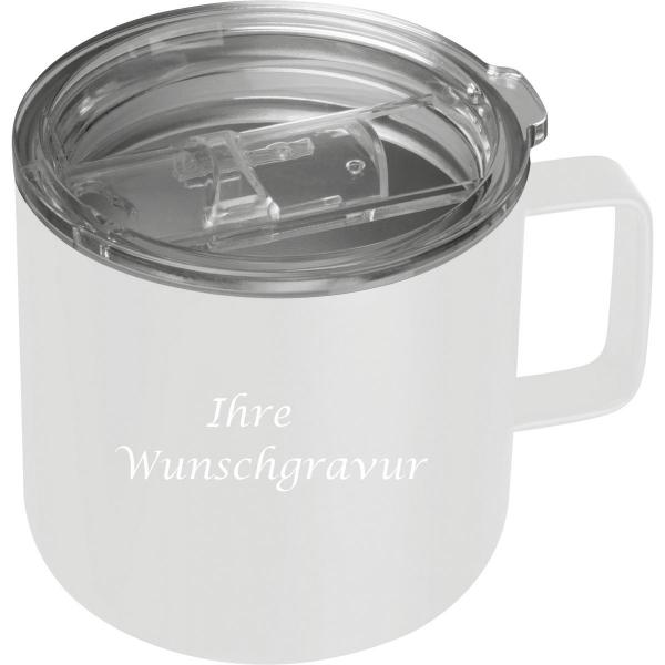 Doppelwandige Edelstahltasse mit Gravur / transparentem Deckel / Farbe: weiß