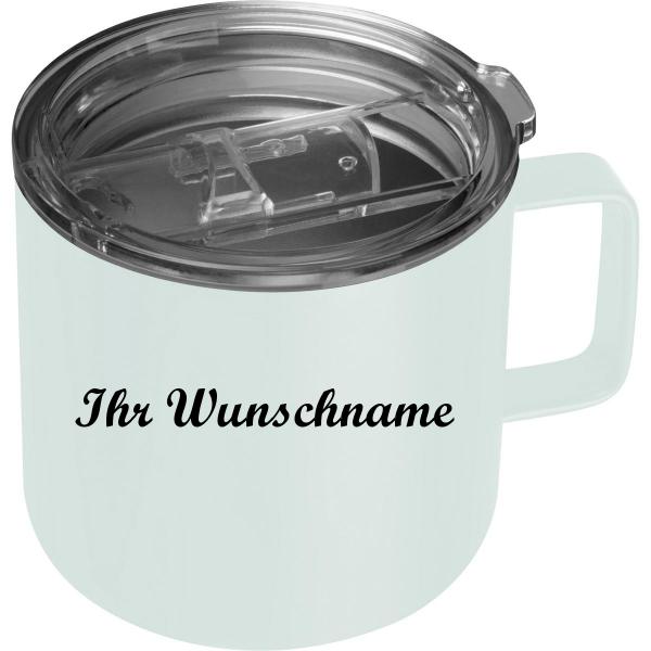 Doppelwandige Edelstahltasse mit Namensgravur - transparentem Deckel - weiß