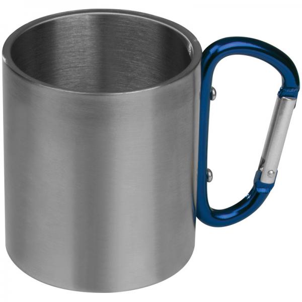 Doppelwandige Tasse aus Edelstahl mit Karabinerhaken / Farbe: silber-blau