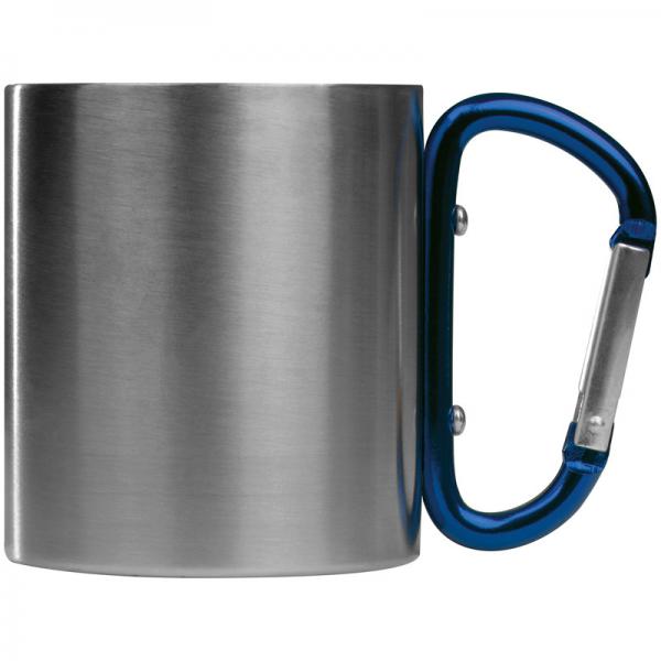 Doppelwandige Tasse aus Edelstahl mit Karabinerhaken / Farbe: silber-blau