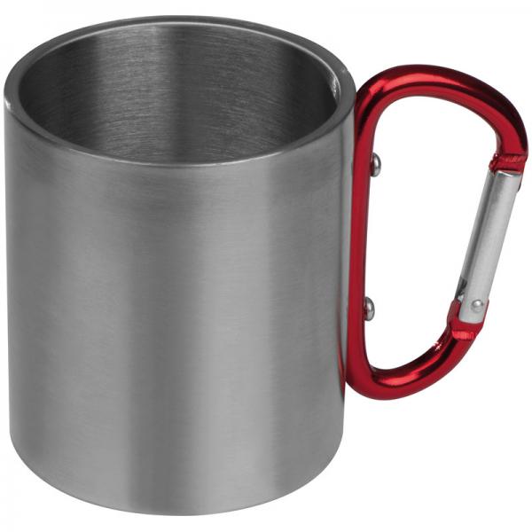 Doppelwandige Tasse aus Edelstahl mit Karabinerhaken / Farbe: silber-rot