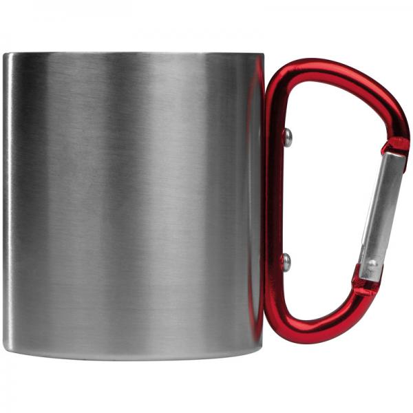 Doppelwandige Tasse aus Edelstahl mit Karabinerhaken / Farbe: silber-rot