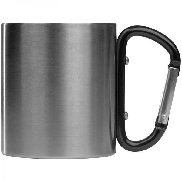Doppelwandige Tasse aus Edelstahl mit Karabinerhaken / Farbe: silber-schwarz