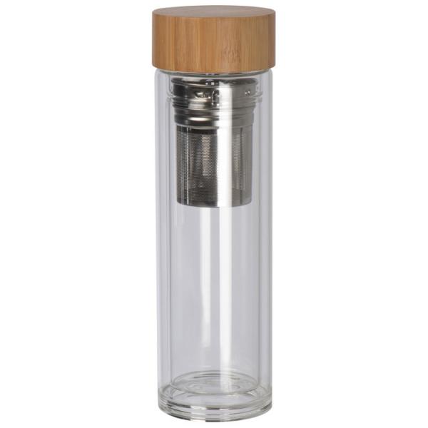 Doppelwandige Vakuum Trinkflasche aus Glas mit Deckel aus Bambus / 420ml