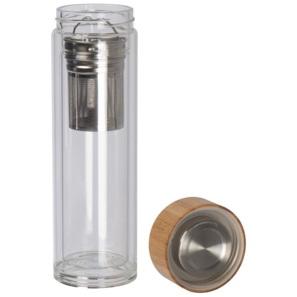 Doppelwandige Vakuum Trinkflasche aus Glas mit Deckel aus Bambus / 420ml