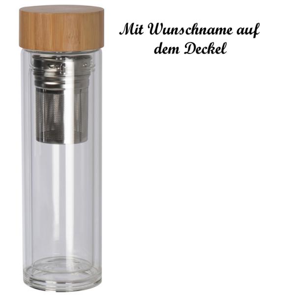 Doppelwandige Vakuum Trinkflasche mit Namensgravur - aus Glas mit Bambus-Deckel