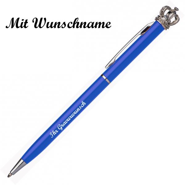 Drehkugelschreiber mit Namensgravur - aus Metall - mit Krone - Farbe: blau