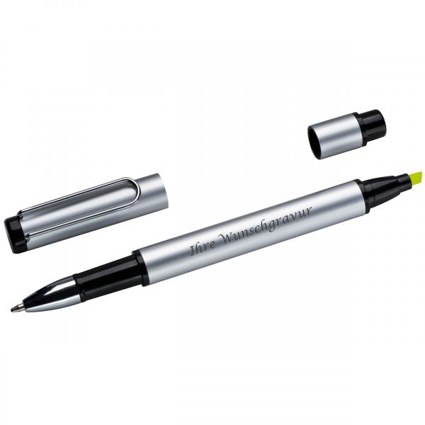 Duo-Pen aus Metall mit Gravur / mit Kugelschreiber schwarzscheibend + Textmarker