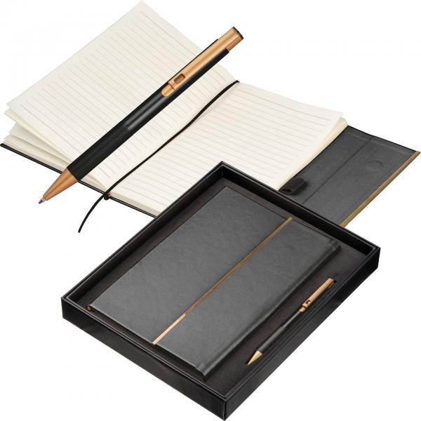 Edles Schreibset mit Notizbuch und Kugelschreiber / im Geschenkkarton / schwarz