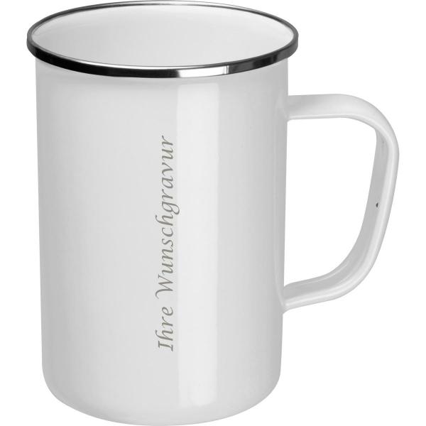 Emaille Tasse mit Gravur / Füllvermögen: 550ml / Farbe: weiß