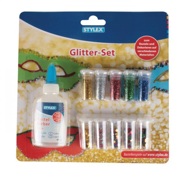 Glitter Set / bestehend aus Kleber + je 5 Döschen Glitterpulver + Streudeko