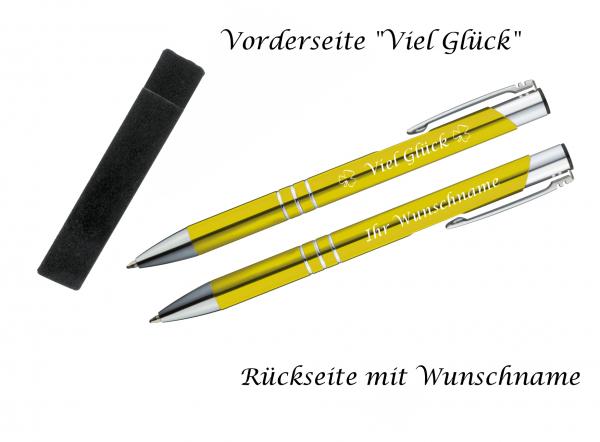 Glücks-Kugelschreiber mit beidseitiger Gravur / mit Velouretui / Farbe: gelb