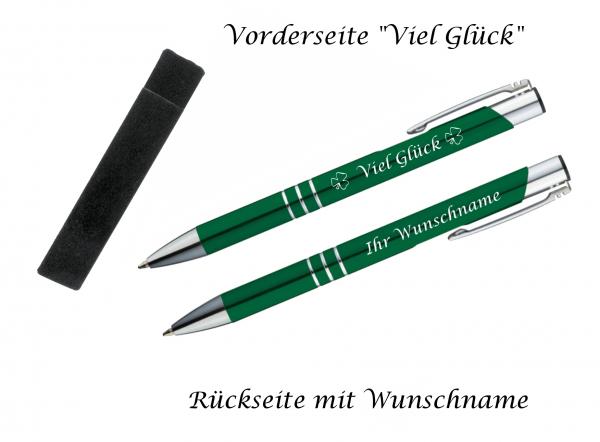Glücks-Kugelschreiber mit beidseitiger Gravur / mit Velouretui / Farbe: grün