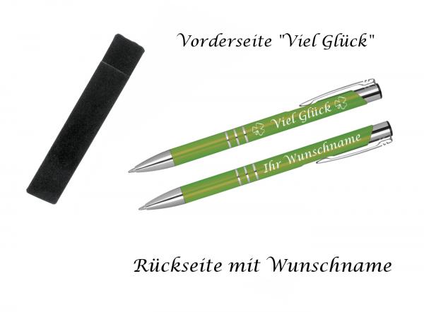 Glücks-Kugelschreiber mit beidseitiger Gravur / mit Velouretui / Farbe: hellgrün