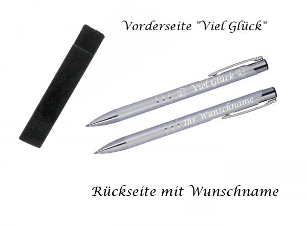 Glücks-Kugelschreiber mit beidseitiger Gravur / mit Velouretui / Farbe: silber