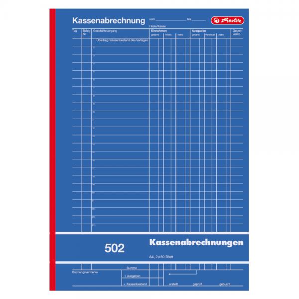 Herlitz Kassenabrechnungsbuch 502 / Kassenbuch / A4 / 2x 50 Blatt