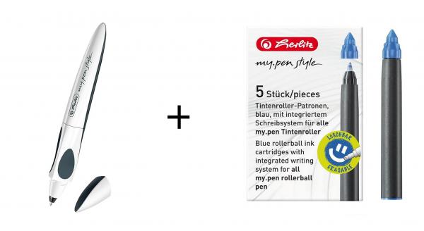 Herlitz Tintenroller "my.pen" / "Dark Shale" + 5 Ersatz Tintenrollerpatronen