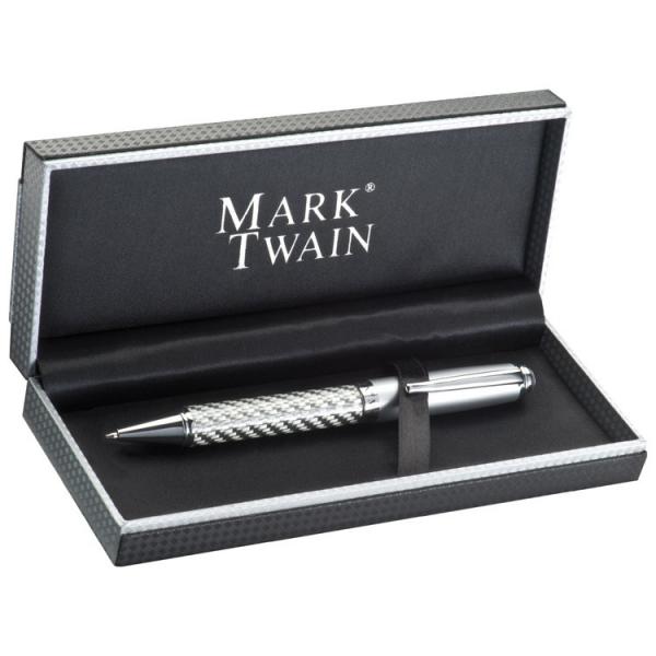 hochwertiger Kugelschreiber "Mark Twain" mit Gravur / in silbernem Karbondesign