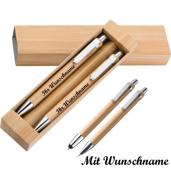 Holz Schreib-Set aus Bambus mit Gravur / Bleistift + Touchpenkugelschreiber