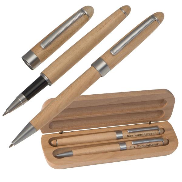 Holz Schreibset mit Gravur / aus Ahorn / mit Kugelschreiber + Rollerball