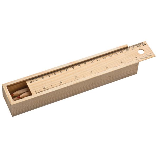 Holzbox mit 8 Buntstifte / Deckel  mit Lineal / naturbelassen