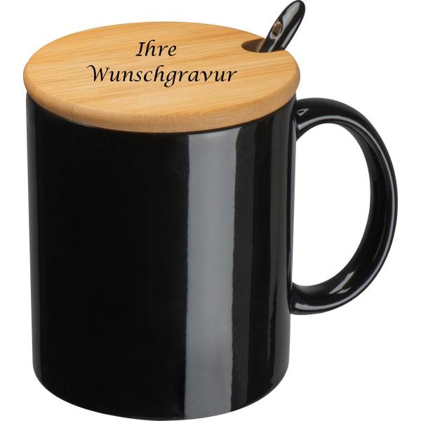 Keramiktasse mit Löffel und Bambusdeckel mit Gravur / Farbe: schwarz