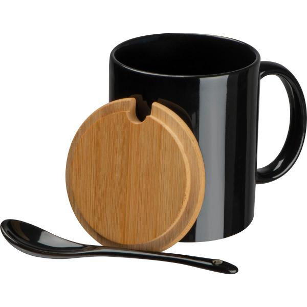 Keramiktasse mit Löffel und Bambusdeckel mit Gravur / Farbe: schwarz