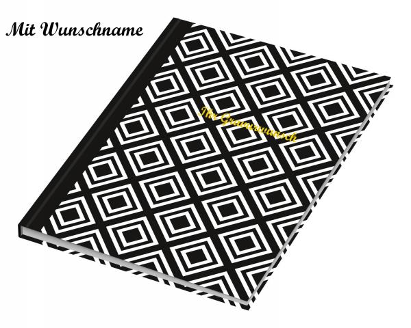 Kladde mit Namensgravur - Notizbuch - A5 - dotted - black & white Rhombus