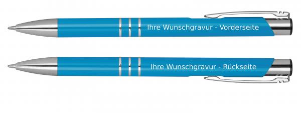 Kugelschreiber aus Metall mit beidseitige Gravur / Farbe: hellblau