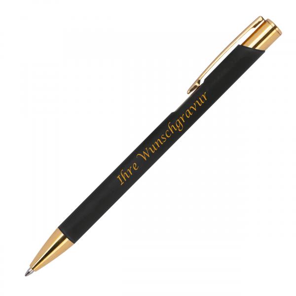 Kugelschreiber aus Metall mit goldenen Applikationen mit Gravur / Farbe: schwarz