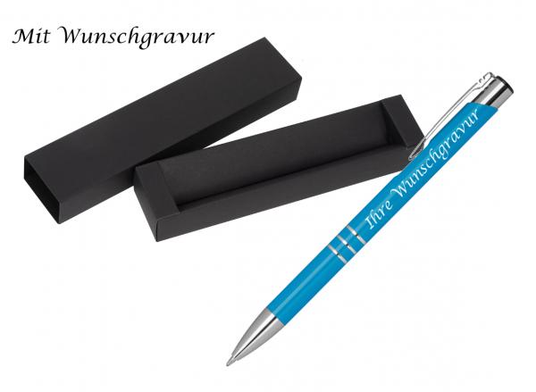 Kugelschreiber aus Metall mit Gravur / mit Pappetui / Farbe: hellblau