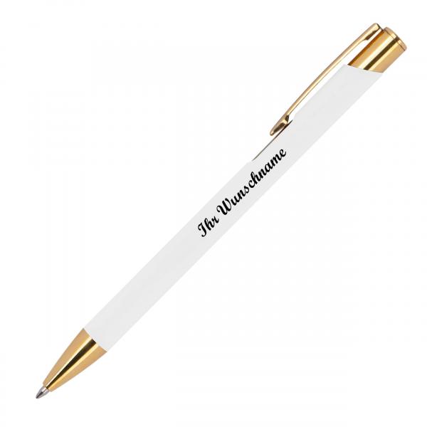 Kugelschreiber aus Metall mit Namensgravur - mit goldene Applikationen - weiß