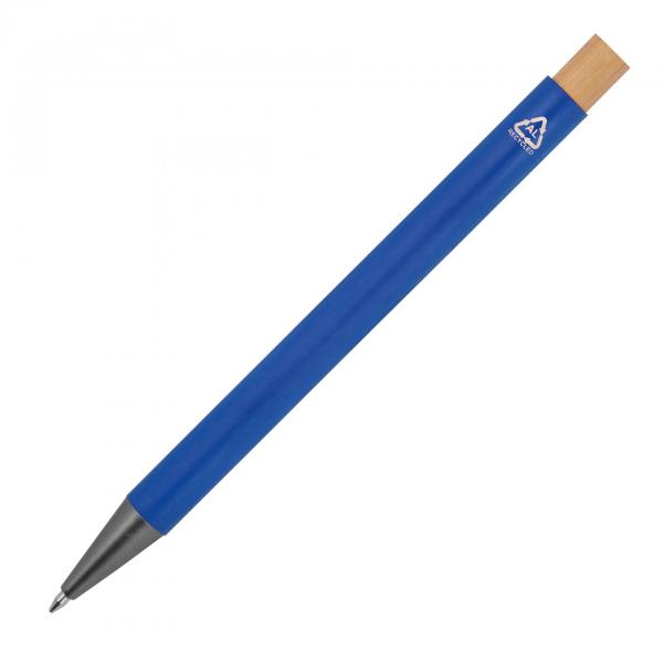 Kugelschreiber aus recyceltem Aluminium mit Bambusdrücker / Farbe: blau