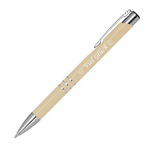 Kugelschreiber mit Gravur "Viel Glück" / aus Metall / Farbe: elfenbein