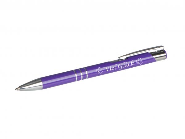 Kugelschreiber mit Gravur "Viel Glück" / aus Metall / Farbe: violett