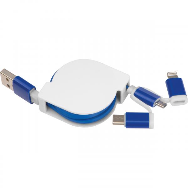 Ladekabel mit iOS, C-Type und Micro USB Anschluss mit Gravur / Farbe: blau
