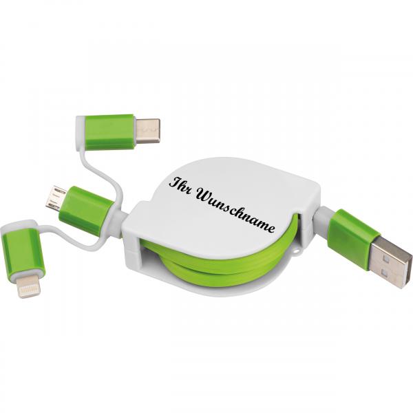 Ladekabel mit iOS, C-Type und Micro USB Anschluss mit Namensgravur - Farbe: grün