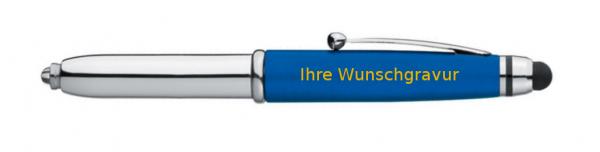 LED Touchpen Kugelschreiber mit goldfarbender Gravur / Farbe: silber-blau