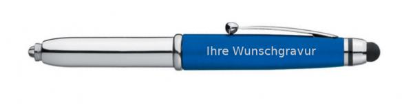 LED Touchpen Kugelschreiber mit silberfarbender Gravur / Farbe: silber-blau