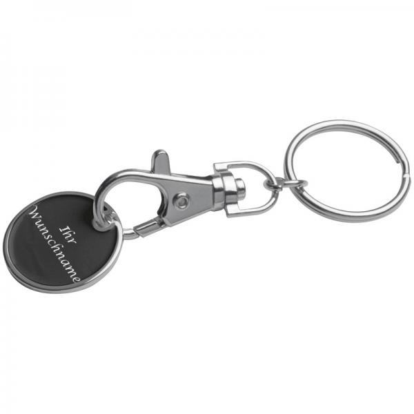 Metall Schlüsselanhänger mit Gravur / mit Einkaufschip / Farbe: schwarz
