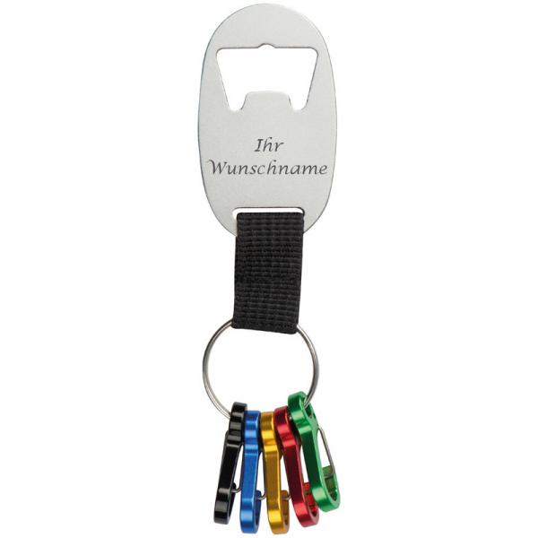 Metall-Schlüsselanhänger mit Gravur / mit Flaschenöffner und 5 Minikarabinern