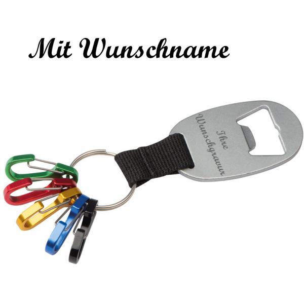 Metall-Schlüsselanhänger mit Namensgravur - Flaschenöffner und 5 Minikarabinern
