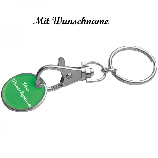Metall Schlüsselanhänger mit Namensgravur - mit Einkaufschip - Farbe: grün
