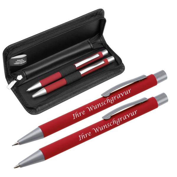 Metall-Schreibset mit Gravur / mit Kugelschreiber und Bleistift / Farbe: rot