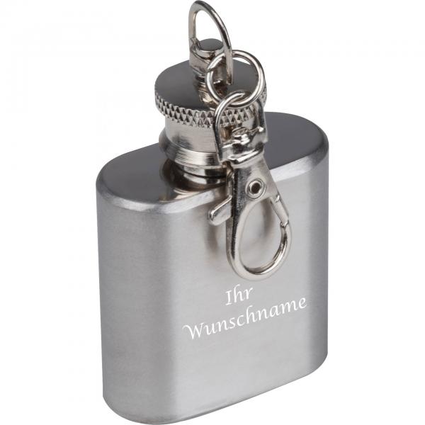 Mini Flachmann mit Schlüsselanhänger mit Gravur / aus Edelstahl / 30 ml