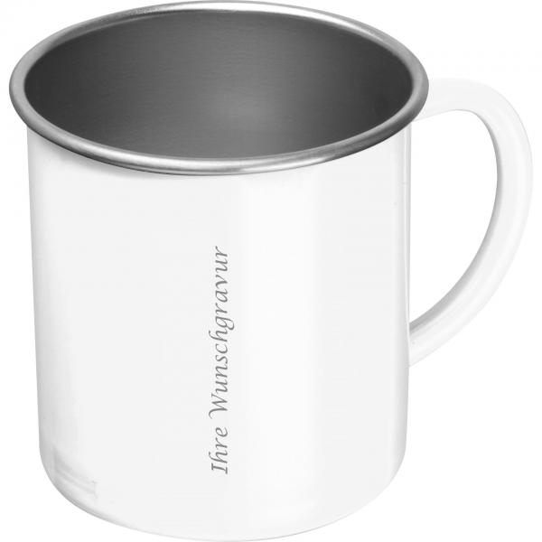 Nostalgische Stahltasse mit Gravur / Kaffeetasse / 350 ml / Farbe: weiß