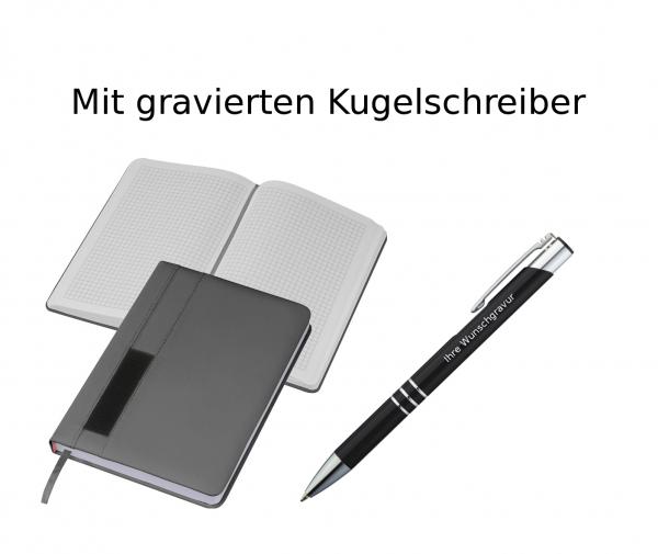 Notizbuch + Kugelschreiber mit Gravur / DIN A5 / 192 S. kariert / Farbe: grau